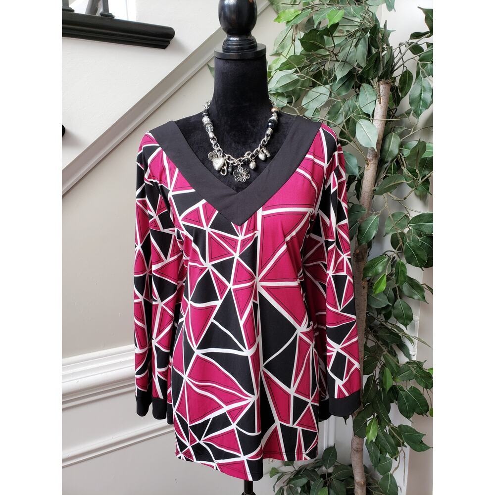 Ashley Stewart Blouse Top Womens 22/24 Pink Geo Print Backless V Neck Pullover